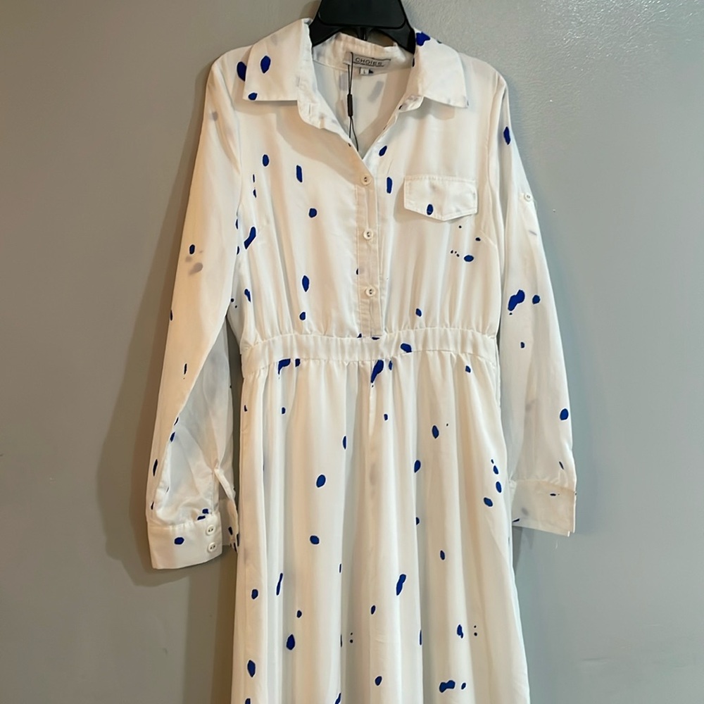 Choies white maxi dress with blue spots size large long sleeve closed neckline